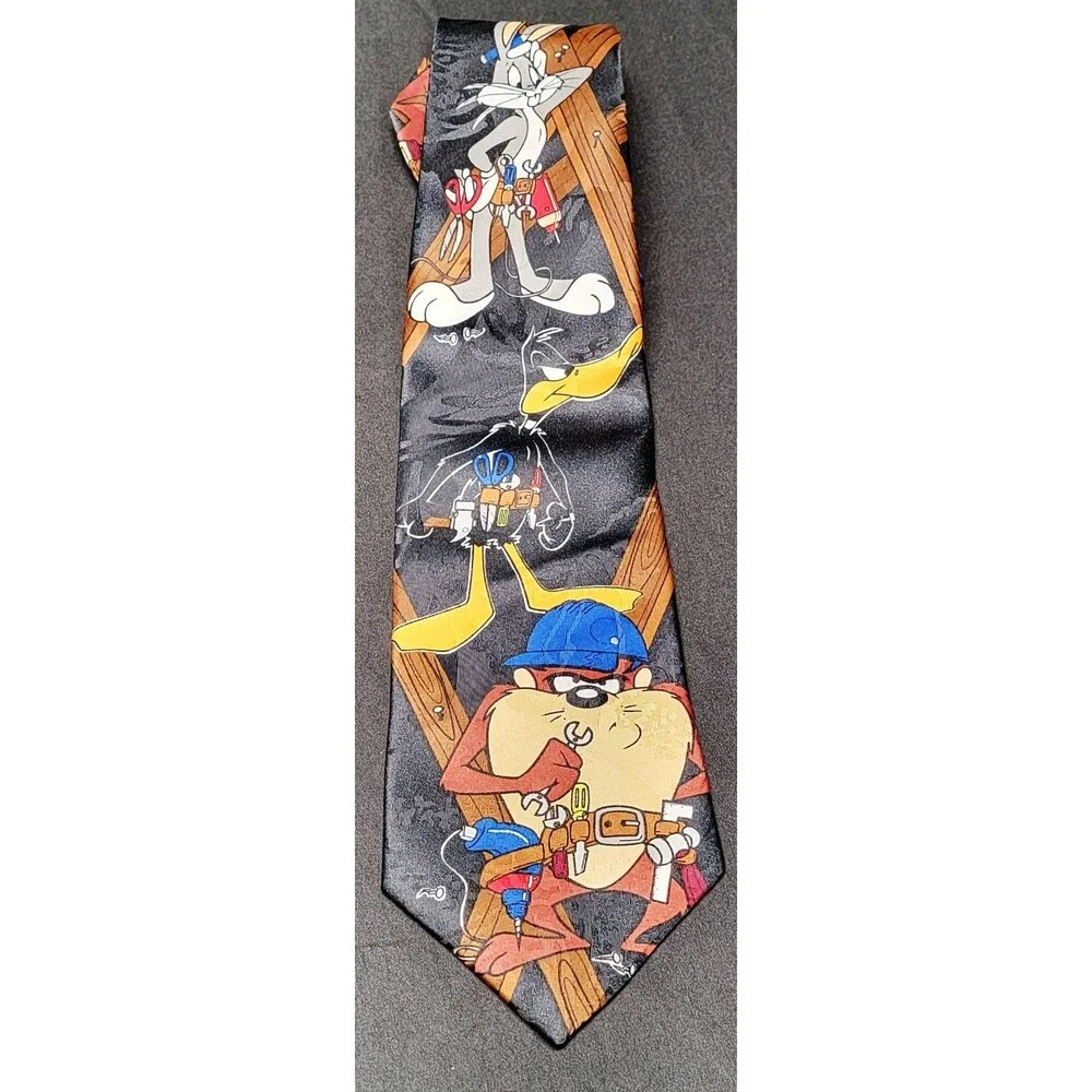 Black Looney Tunes Mania Construction Theme Mens Necktie Vintage 55in x 3.75in